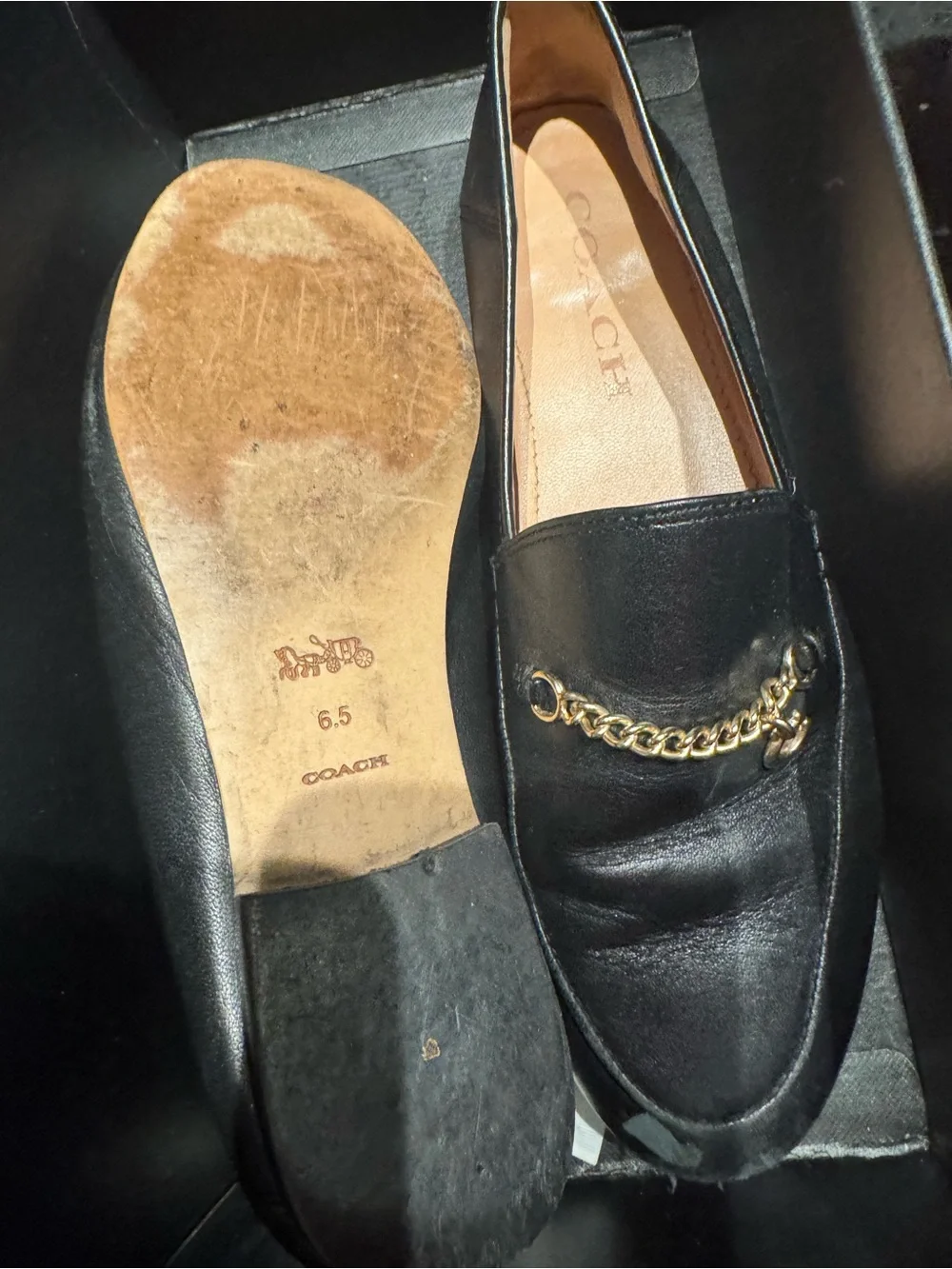 Coach Black Leather Loafers with Gold Chain Accent